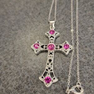 Silver Cross Necklace with Pink Gems